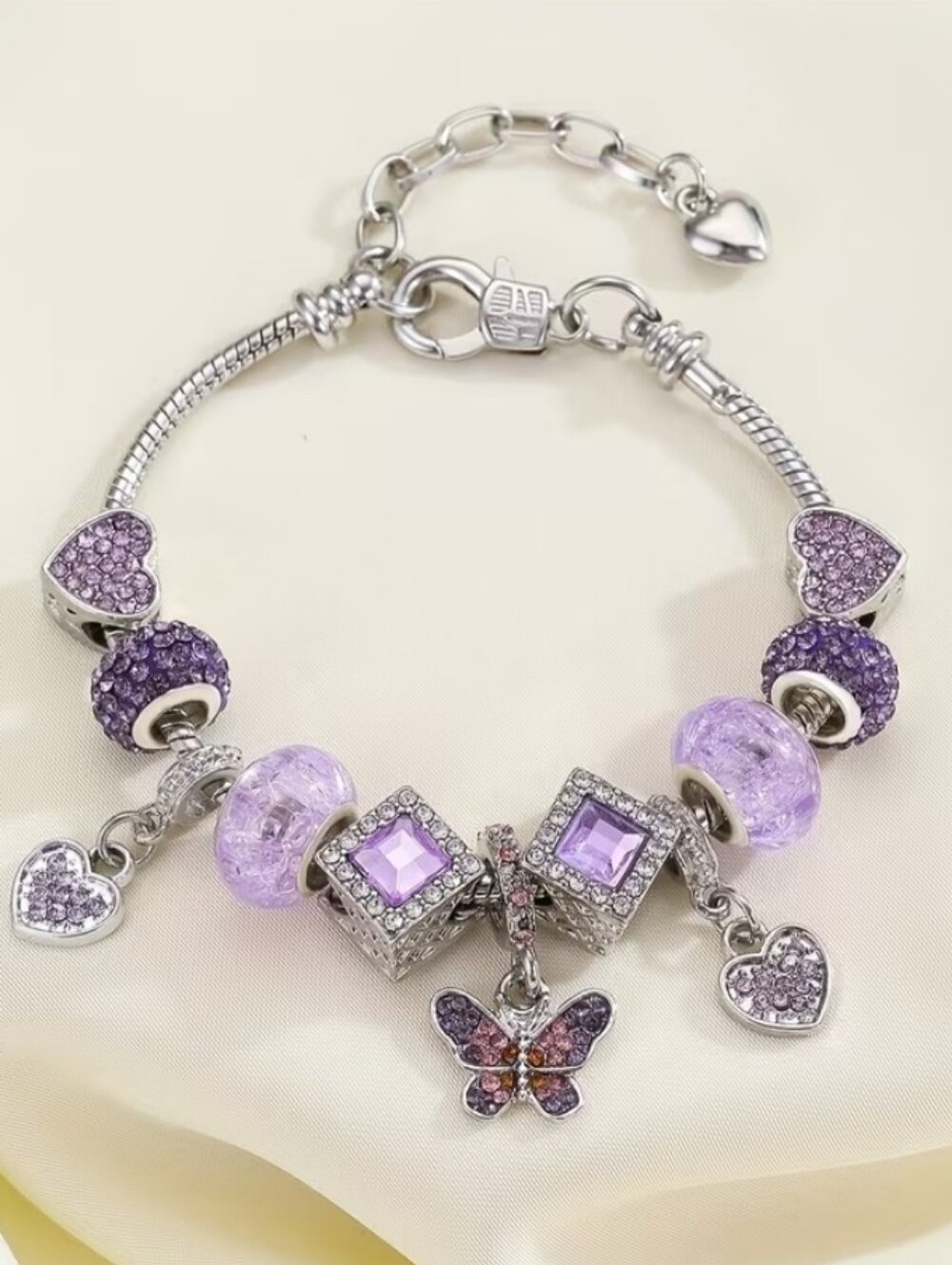 Silver Tone Purple Charm Bracelet with Butterfly & Hearts